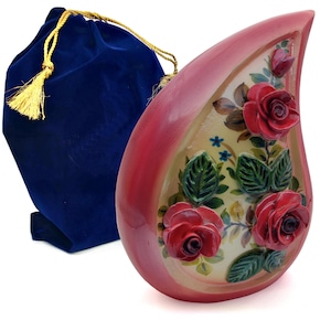 Teardrop Urn Hand-Painted Cremation with 3D Pink Roses Funeral Urn for Human Ashes with Velvet Bag, Keepsake Urn for Adults size 10 inches