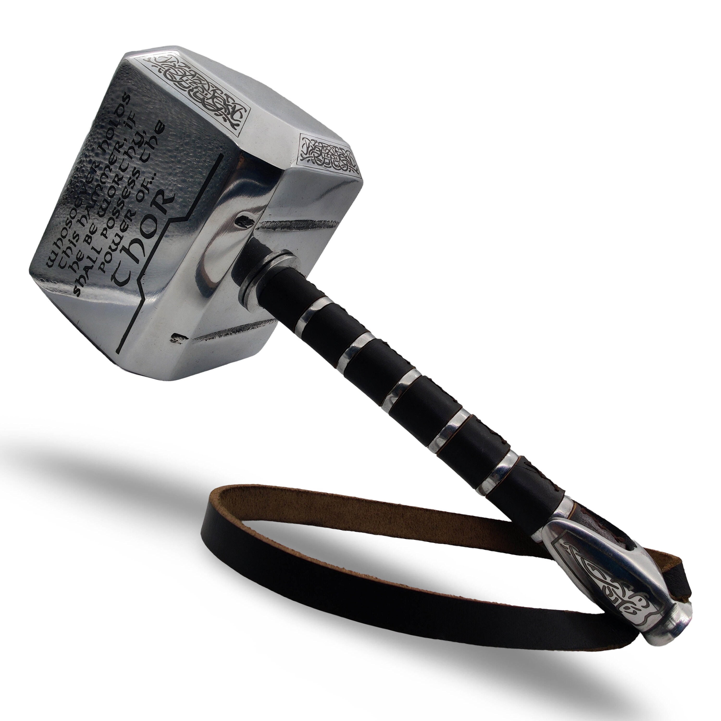 Thor Hammer: Engraved Metal Mjolnir With Leather Wrap & Display