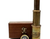 Nautical Brass Spyglass Telescope with Wooden Box, Brass Pirate Brass Telescope, Decorative Spyglass Collapsible Monocular (Antique Finish)