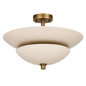 May include: Cream-colored, two-tiered ceiling light fixture with a brass finish. The fixture has a circular base and a central stem. The light's shades are bowl-shaped, with a wider top shade and a smaller bottom shade.