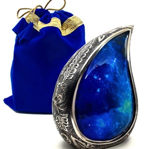 Urnes galaxie en forme de larme pour cendres humaines urne funéraire funéraire avec sac en velours, grande urne souvenir pour adultes pour vos proches, ciel étoilé 10 pouces