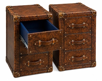 Luxury Leather Dark Brown Nightstand Pair, Handmade Vintage Trunk Bedside Tables, Leather Drawer Cabinet, Brass Studded Bedroom Storage