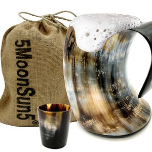 Handcrafted Authentic Viking Drinking Horn Tankard for Beer, Mead, Medieval Inspired Stein Mug Food Safe With shot glass and burlap sack.
