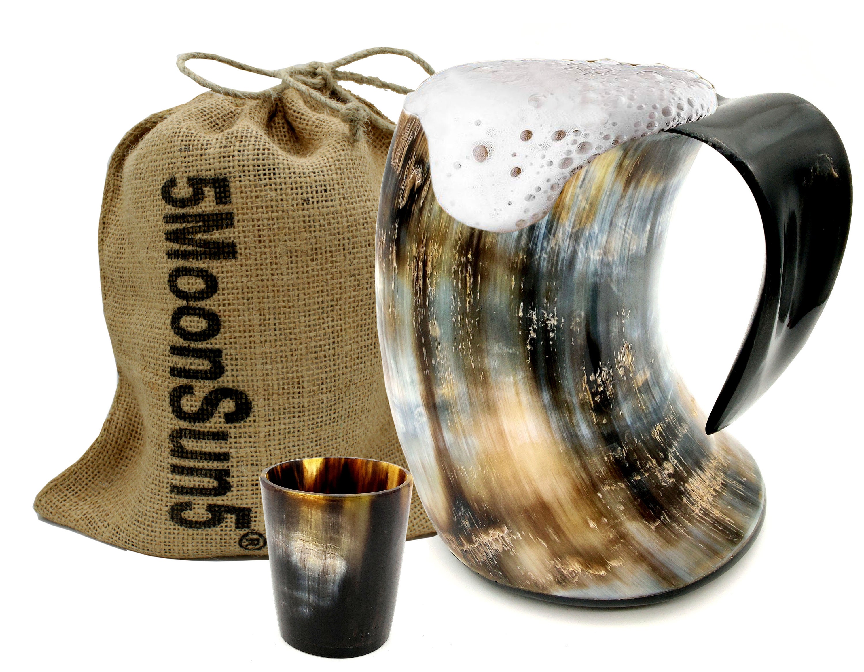 Viking Drinking Ox Horn Mug / Shot Glass / Authentic / Mead / And Beer Tankard | Vintage Stein With Handle | Wolf/Fenrir Design | Polished Finish | (2