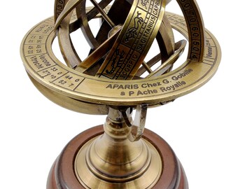 Vintage Astrolabe Zodiac Armillary Brass Sphere Globe Display | Pirate's Antique Ship Decor On Wooden Base Maritime Nautical & Collectible