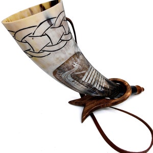 Handmade Viking War Horn: Engraved Ox-Horn Battle Trumpet with Stand