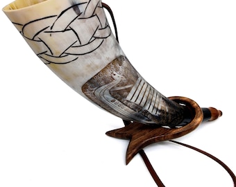 Handmade Viking War Horn: Engraved Ox-horn Battle Trumpet With