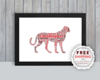 Personalisierter Gepard Wort Kunstdruck: Einzigartiges gerahmtes Geschenk Ani027