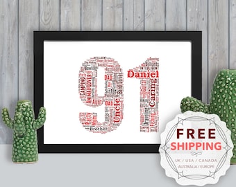 Personalized 91st Birthday Word Art Print, Framed Keepsake Gift GCM091