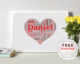 Puede incluir: Una nube de palabras en forma de corazón roja y negra con el nombre "Daniel" en el centro. La nube de palabras está compuesta por palabras relacionadas con el amor, el romance y las relaciones. La imagen está enmarcada en blanco.