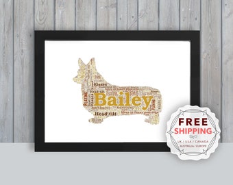 May include: A personalised word cloud art print featuring a silhouette of a corgi dog. The dog's silhouette is filled with words related to corgis, such as "head tilt", "kisses", "playing", and "puppy dog eyes". The name "Bailey" is prominently displayed in the centre of the silhouette. The print is framed in black and has a white background.