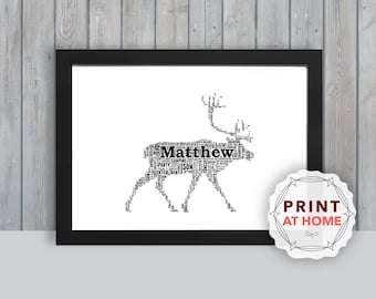 Personalized Caribou, Print at Home wall art gift, keepsake, Unique print - For Her, Him, Friend, Husband, Mom, Mum, Dad, Digital art Ani023