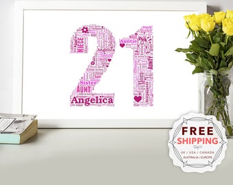 May include: A pink and white word art print of the number 21. The number is made up of words related to family and relationships, such as "mom", "aunt", "sister", and "niece". The words are arranged in a heart shape. The print is framed in a white frame.