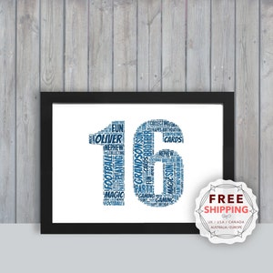 Personalisiertes Geschenk zum 16.Geburtstag, Andenken, Einzigartiger Druck, Für Ihn, Junge, Sohn, Enkel, Patenkind, Neffe, A5, A4, A3 BMY016