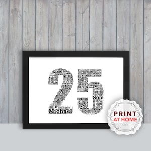 Personalised 25th Birthday, Print at Home word art gift, Unique keepsake, for Her, Him, Friend, Husband, Mom, Mum, Dad, Digital art BMM025