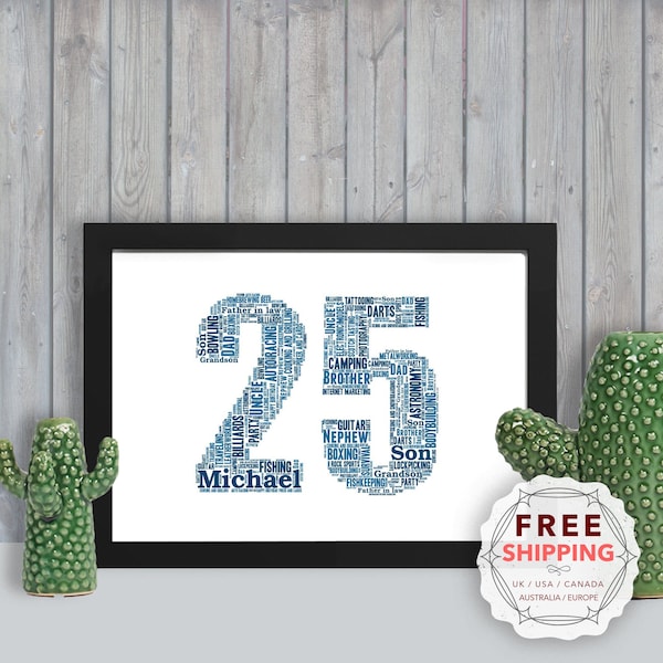 Personalized 25th Birthday, framed wall art gift, keepsake, Unique print, For Him, Men, Friend, Husband, Dad, Pa, Daddy, brother, BMM025