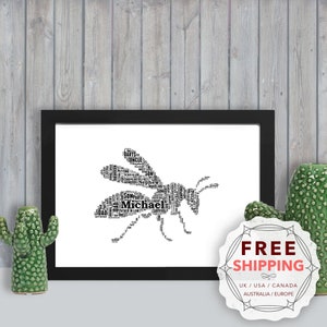 Personalized Wasp, framed wall art gift, keepsake, Unique print - For Her, Him, Friend, Husband, Mom, Mum, Dad, A5, A4, A3 Bug017