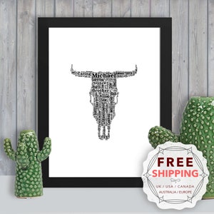 Personalized Cow Skull Word Art Print: Framed Keepsake Gift Ani034