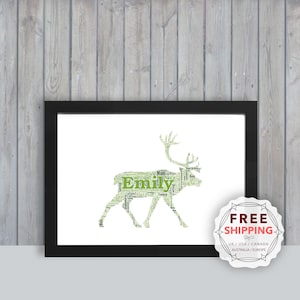 Caribou personalizzato, regalo d'arte da parete incorniciato, ricordo, stampa unica per lei, lui, amico, marito, mamma, papà, A5, A4, A3 Ani023