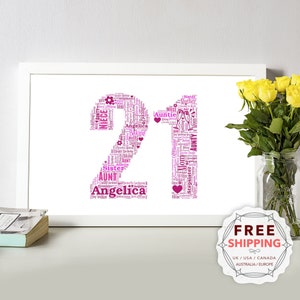 Op de afbeelding: Een roze en witte woordkunstprint van het getal 21. Het getal is gemaakt van woorden die te maken hebben met familie en relaties, zoals "moeder", "tante", "zus" en "nicht". De woorden zijn in de vorm van een hart gerangschikt. De print is ingelijst in een wit frame.