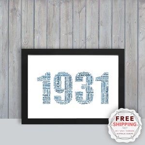 May include: A framed word cloud art print in black and white with the year 1931 in blue. The year is formed by words describing hobbies and interests, such as "golfing", "fishing", "chess", "darts", and "woodworking".