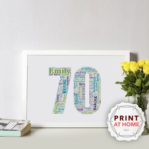 Personalised 70th Birthday Print at Home Word Art Gift Unique