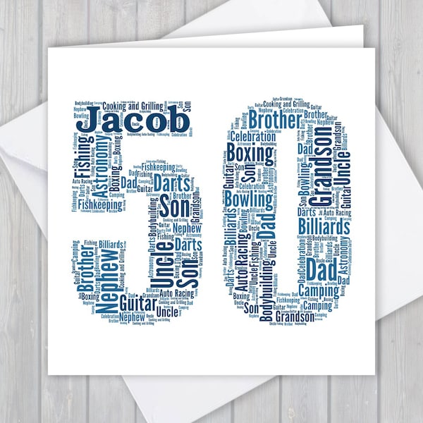 Personalized 50th Birthday Card, Custom word art Unique keepsake Greeting Card, For Her, Him, Daughter, Son,  Dad, mam, mum, Granda, Nana