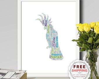 Stampa personalizzata di cacatua: ricordo di Word Art, decorazione da parete con cornice Brd015