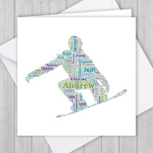Biglietto di auguri personalizzato per lo snowboard. Aggiungi le tue parole per creare un ricordo unico per tuo figlio, figlia, nipote o nipote