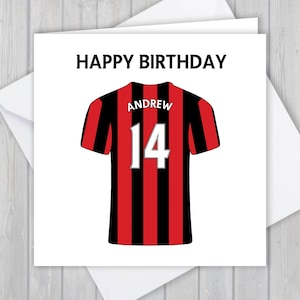 Fußball Geburtstagskarte, personalisiert, 1., 2., 3., 4., 5. Geburtstag, jeder Name & Alter, für Jungen, Mädchen, Kinder | Schwarze und rote Streifen