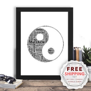 May include: Black and white yin yang symbol with the name Matthew in the centre. The symbol is made up of words describing hobbies, family, and personality traits. The image is framed in black.