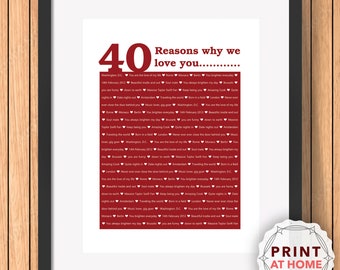 40 Reasons We Love You, 40th Birthday, Anniversary, Unique Personalised Digital print | Husband, Him, Dad, Son, Wife, Her, Daughter, sister