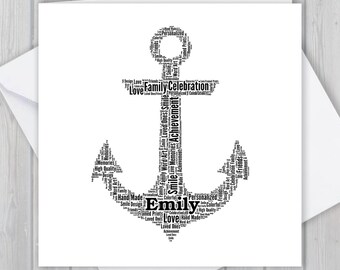 May include: A black and white anchor word art design with the name "Emily" in the center. The anchor is made up of words related to love, family, friends, and celebration.