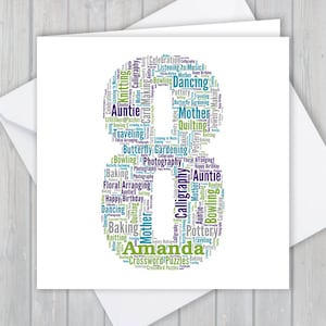 Cartão de aniversário de 8 anos personalizado, arte com palavras personalizadas, cartão de felicitações de lembrança exclusivo, para ela, ele, filha, filho, neto, neta