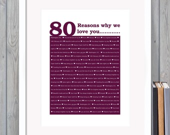80 Reasons We Love You, 80th Birthday, Anniversary, Unique Personalised Digital print | Husband, Him, Dad, Son, Wife, Her, Daughter, sister