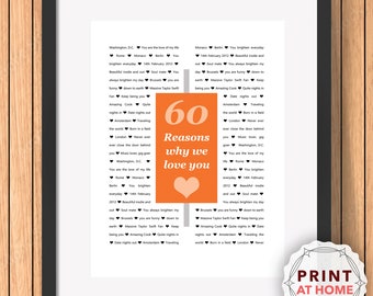 60 Reasons Why We Love You, 60th Birthday, Anniversary, Personalised Digital art Husband, Family, Him, Dad, Son, Wife, Her, Daughter, sister