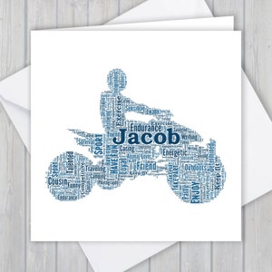 Biglietto di auguri personalizzato Quad Biking. Aggiungi le tue parole per creare un ricordo unico per tuo figlio, figlia, mamma, papà, fratello o fidanzato