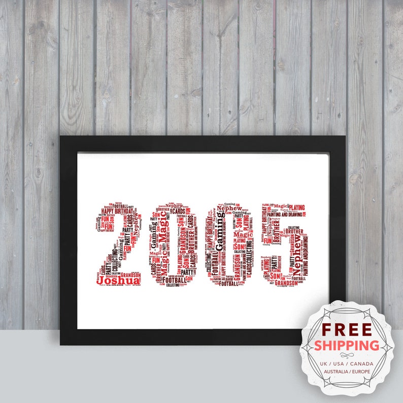 Personalized 2005, 19th Birthday, framed wall art gift, keepsake, Unique print for Him, Men, Friend, Husband, Dad, Pa, Daddy, brother YMA005 Red Mix