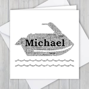 Gepersonaliseerde Jet skiën wenskaart. Voeg je eigen woorden toe om een uniek aandenken te maken voor je zoon, dochter, vader, kleindochter of kleinzoon