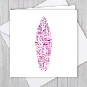 Cartão de saudação personalizado com arte de palavra de prancha de surfe, surfista, lembrança única, para ela, ele, marido, esposa, mãe, pai