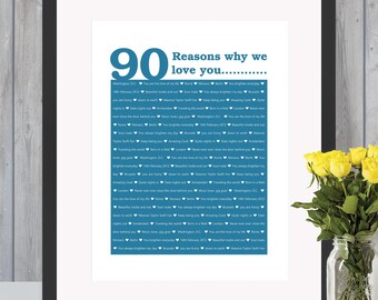 90 Reasons We Love You, 90th Birthday, Anniversary, Unique Personalised Digital print | Husband, Him, Dad, Son, Wife, Her, Daughter, sister
