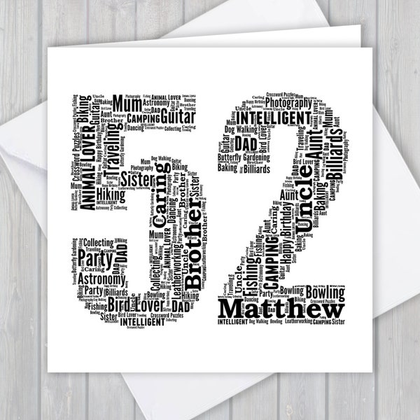 Personalised 52nd Birthday greeting card, Unique anniversary or Retirement keepsake gift for Wife, Husband, Mum, Dad, Son, Daughter, friend,