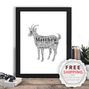 Personalized Goat, framed wall art gift, keepsake, Unique print, Her, Him, Friend, Husband, Son, Daughter, Mom, Mum, Dad, A5, A4, A3 Ani063