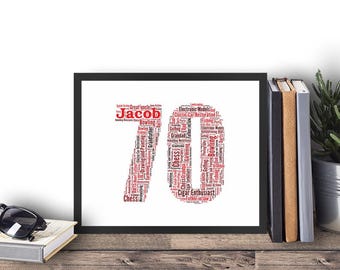 Impressão personalizada com palavras para o 70º aniversário, presente para ele BMO070