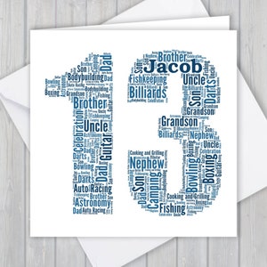 Cartão personalizado de 13º aniversário, arte de palavra personalizada, cartão de felicitações exclusivo para lembrança, para ela, para ele, filha, filho, neto, neta