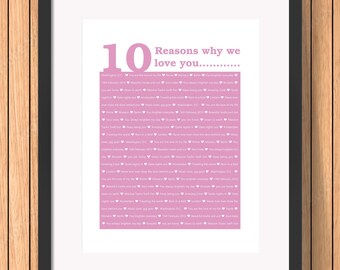 Personalized '10 Reasons Why We Love You' Print, Birthday, Anniversary (Digital Print)
