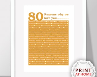 80 Reasons We Love You, 80th Birthday, Anniversary, Unique Personalised Digital print | Husband, Him, Dad, Son, Wife, Her, Daughter, sister