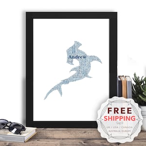 Personalized Sea life Hammer Head, framed wall art gift, keepsake, Unique print - For Her, Him, Friend, Husband, Mom, Mum, Dad, Sea024