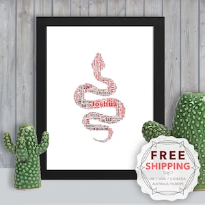 May include: A red and white word cloud in the shape of a snake with the name "Joshua" in the center. The word cloud includes words like "son", "brother", "dad", "camping", "party", and "intelligent".