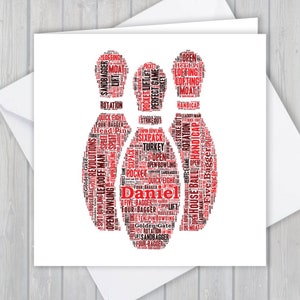 Cartão personalizado de boliche de dez pinos. Adicione suas próprias palavras para criar uma lembrança exclusiva para seu filho, filha, mãe, pai ou namorado